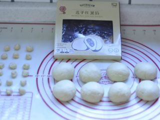 5、龙猫挤挤面包,分割出1个32克的小面团（做耳朵），剩余的面团平均分割成8个面团，排气滚圆，盖上保鲜膜，松弛20分钟。