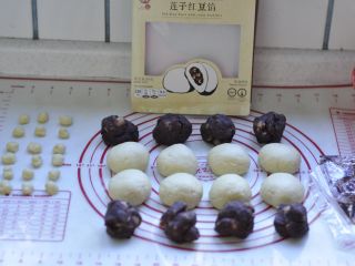 6、龙猫挤挤面包,将莲子红豆馅也分成25克的8个馅料