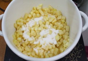5、平平安安肉桂苹果派,放入细砂糖之后,苹果就会出水,小火慢慢熬煮。