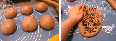 3、巧克力土司,均分割成6份,排气滚圆,擀开，铺上巧克力豆