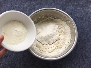 9、奶香小酥饼,倒入16克奶粉入盘中混合一起。