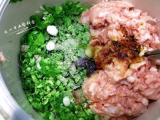 4、猪肉大葱包子,在等待发面的时候来准备肉馅，将除清水外的所有调料加入猪绞肉中，搅拌至发粘。
