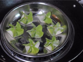 12、让人不忍心下口的——翡翠饺子,放在刷了油的盘子里，上锅蒸熟即可