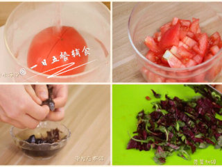 3、粉红鸡肉面 宝宝辅食,苋菜+西红柿+木耳, 西红柿开十字去皮,切丁;木耳加水泡发5分钟,切碎;苋菜切小段。