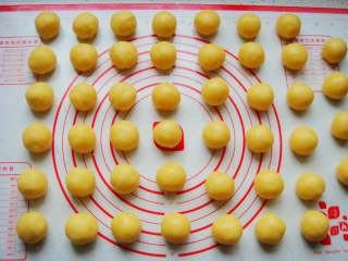 8、芝麻桃酥,把面团平均分成30克一个的小剂子，放在手心里团成光滑的小圆球。