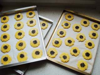 14、芝麻桃酥,按压在饼胚中间。依次做好。（这个量可以做三大烤盘，共46个桃酥）