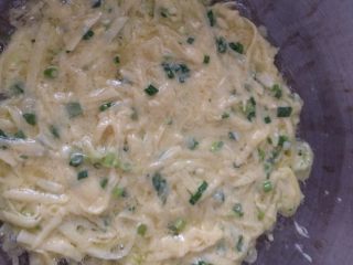 8、土豆鸡蛋饼#挑战鸡蛋的100种做法#,起锅，热油，关小火，倒入土豆鸡蛋，开中火煎