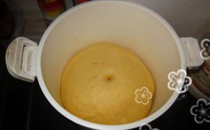 2、南瓜墨西哥红豆包,将面团放入盆里，盆面盖上湿毛巾，放室温发至2.5倍大。