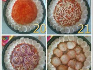 8、自制披萨,烤箱预热180度,面饼底部用叉子叉洞,涂上番茄酱,放一层芝士,放入洋葱圈,杏鲍菇压一压。