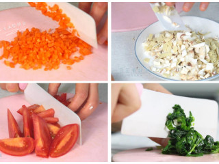 2、杂蔬米饭蛋卷,胡萝卜切丁。豆腐皮、口蘑切丁。菠菜切碎。番茄切碎，没有去皮，饭炒好了用筷子将皮夹出来的。您还可以用刀将番茄轻轻划个十字，放热水中泡3分钟去皮。