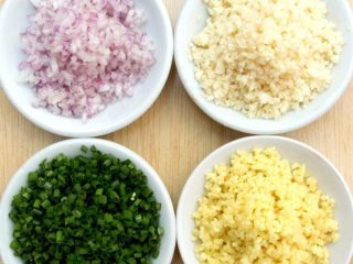 3、麻婆豆腐,分别切小丁把洋葱丁、蒜丁、小葱丁、姜丁准备好。