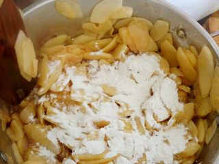 9、圣诞苹果派-超级酥皮,11.最后加入淀粉，搅拌均匀…让苹果汁变得粘稠，关火。放在一旁晾凉。