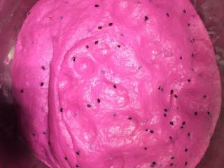 2、火龙果抹茶包,发酵粉、高筋面粉、白砂糖、火龙果(果肉直接放进去)调和,揉至表面光滑,富有弹性,加入黄油继续揉,揉至面可以拉成薄膜的扩展阶段即可,放置,进行基础发酵。