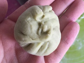 5、火龙果抹茶包,包起来,用两手捧住,来回攒动,造型。
