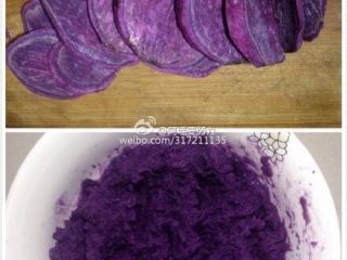 1、Q弹水晶紫薯卷,紫薯去皮蒸熟捣碎，加牛奶搅拌