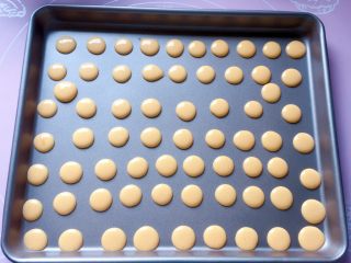 12、百变鸡蛋+蛋黄溶豆,然后在不粘烤盘中挤上差不多大的小圆(如果不是不粘烤盘,记得要垫一张油纸哦)