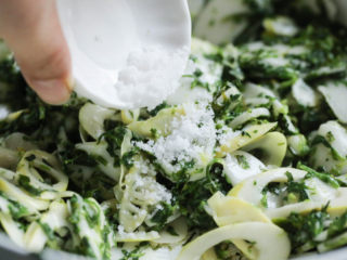 10、荠菜春笋炒年糕,待年糕变软后，调入盐、鸡精。