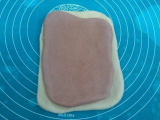 11、梅花双色土司,红色面团擀成比白色略小一圈的长方形,放在白色上.