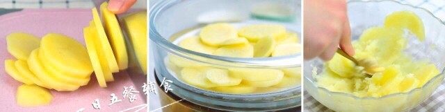 1、里脊肉时蔬焗土豆 宝宝辅食 土豆+胡萝卜,土豆切片，薄片更容易蒸熟。上锅蒸10分钟，用筷子能轻易的戳动就可以了。用勺子压成土豆泥，感觉土豆泥有点干，加一点水让土豆泥湿润一点。