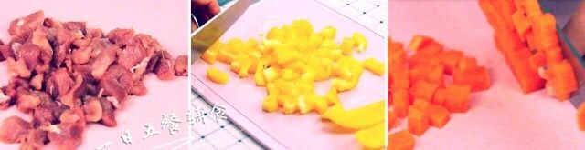 2、里脊肉时蔬焗土豆 宝宝辅食 土豆+胡萝卜,里脊肉切小丁，胡萝卜切碎、黄椒也切碎。肉切末、蔬菜再切小，就适合12个月以下宝宝了。肉可以换成鸡肉或鱼肉，或者虾。图片大小适合18个月以上宝
