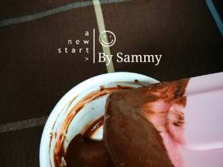 7、织女也疯狂 — 【爱心蛋糕卷】,取三勺蛋糕糊与融化后的黑巧克力混合均匀,装入裱花袋,剪小口。