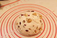 2、法式全麦软欧,蔓越莓+核桃，切碎放入面团里，再揉匀。揉好，收圆放入盆里，盖上保鲜膜，常温发酵1小时，直至两倍大。