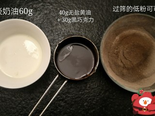 4、最经典浓郁巧克力奶酪蛋糕,准备室温的淡奶油60克。 隔水融化的黄油巧克力。过筛的可可面粉