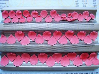 10、国色天香立体饼干,摆入模具中。（图中用的是法棍模具，也可用类似有弧度的模具代替，这样烘烤出的花瓣更立体。）