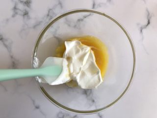 5、迷你巧克力夹心派,取三分之一蛋白糊加入蛋黄糊中，翻拌均匀