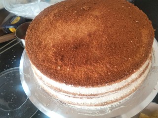 18、贺寿双层蛋糕(10＋6寸),一层层起来后。先把表面抹均匀封胚后