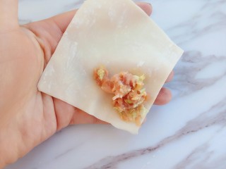 3、白菜猪肉小馄饨（内附馄饨四种详细包法）,馄饨第一种包法，这种包法和四川红油抄手办法一样，在馄饨皮的一个角那里放入适量肉馅