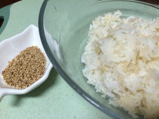 1、鳕鱼肉松寿司,首先准备熟米饭和熟白芝麻