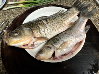 2、奶白鲫鱼豆腐汤➕朝看白水暮青山,鲫鱼去内脏去腮去肚内黑膜，表面划花刀