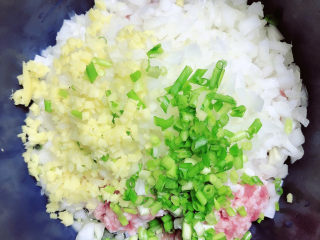 4、冬至美食 新疆烤包子,将洋葱、姜葱切碎放入到肉馅中。