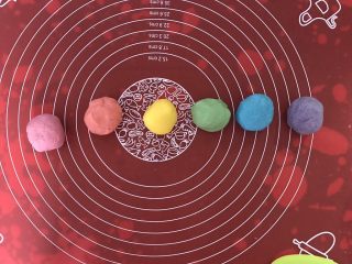 2、彩虹蛋黄酥,油皮材料混合成团分成六份，加上相应色素