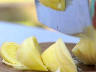 5、不俗又不瘦，东坡最爱竹笋焖猪肉,竹笋取出冲凉，切成2.5厘米长的滚刀块；