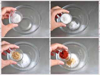 5、香酥脆皮炸鸡,先来制作腌肉料，分别加入盐、糖、姜粉、红甜椒粉。