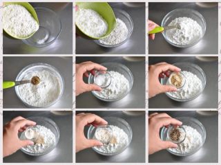 11、香酥脆皮炸鸡,接下来制作炸裹粉，取一个空碗，分别加入面粉、玉米淀粉、泡打粉、五香粉、盐、白胡椒粉、大蒜粉和黑胡椒粉。