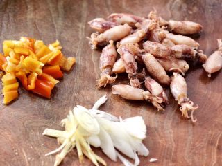 2、金针菇豆腐鱿鱼煲,把浸泡好的小鱿鱼清洗干净，葱姜切丝，彩椒切小丁。