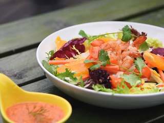 13、青木瓜虾仁沙拉,食用时将酱倒在沙拉上即可。