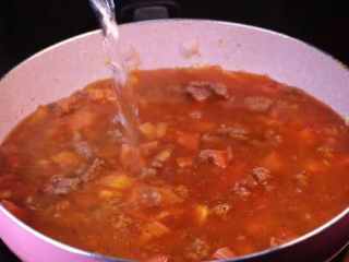 17、教你一个拌面的新吃法，口感爽滑劲道,将酱料炒匀后，加入适量的清水。清水的量稍微淹没过牛肉即可。