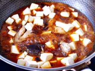 11、啤酒酱香海鲶鱼豆腐,放入焯过水的豆腐。