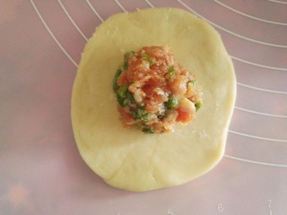 20、鲜肉月饼,取出刚刚冷藏的肉馅,放入适量的馅包起来,不是很好包,慢慢来,尽量包圆,然后放烤盘里,轻轻压扁