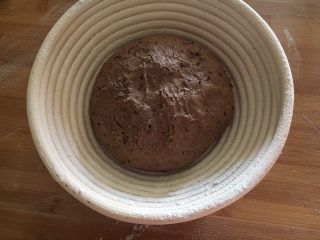 5、蔓越莓黑麦藤篮法式欧包,包裹好用手整型,光滑面向下放入准备好的藤篮内。盖湿布最后发酵3小时。