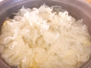 6、青木瓜银耳枸杞汤,放入银耳,熬15分钟