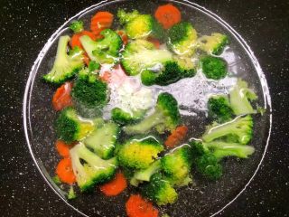 6、照烧鸡腿饭,锅里放入适量水烧开，加入1勺盐，1勺油，少许白糖搅拌均匀，把胡萝卜和西兰花放入焯熟，再捞起来待用。