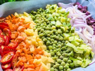 2、全麦彩虹披萨????(无糖无油,减脂增肌必备),将果蔬撒上黑胡椒粉150度烤15分钟。(特别是圣女果黄瓜等爱出水的蔬菜)