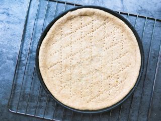 3、全麦彩虹披萨????(无糖无油,减脂增肌必备),发酵好的面团擀成圆形并用叉子扎几个洞。