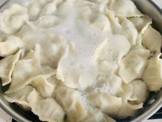 14、猪肉茴香馅儿饺子????,锅中放宽水，水开下入饺子，用锅铲沿着锅边不停的搅拌，防止粘锅。