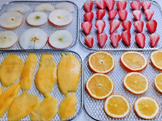 9、自制零添加水果干,四中水果全部切好摆放在烤网上。